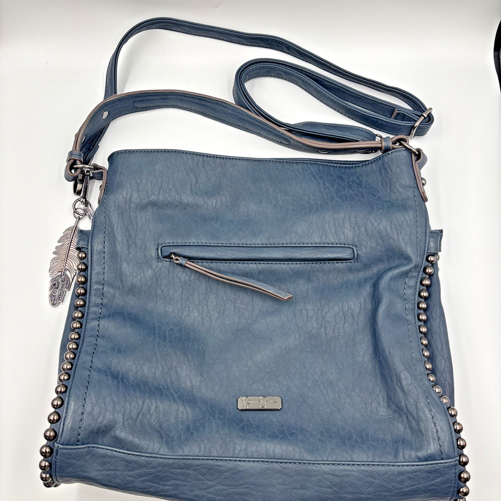 Jessica Simpson Slate Blue Studded Hobo Bag Gunmetal Moto Feather Charm